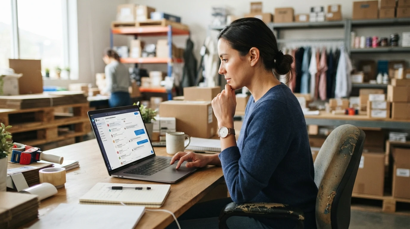 Store owner reviewing chatbot replies at warehouse desk