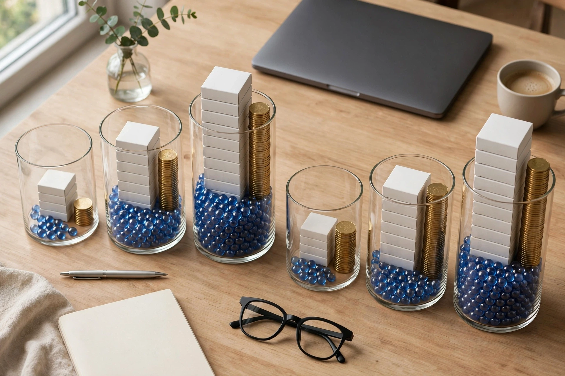 Tabletop analytics workspace with unlabeled cost charts