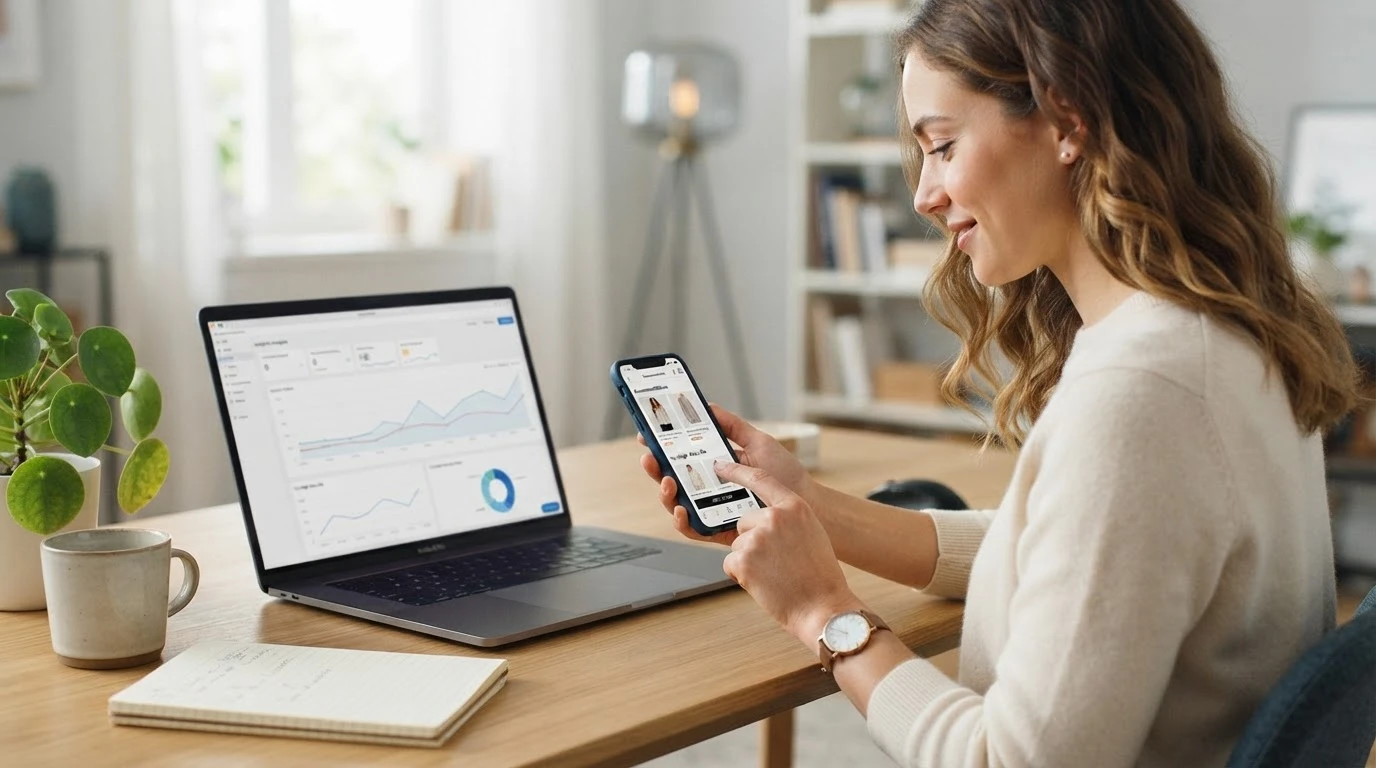 Shopper adds recommended product beside analytics laptop