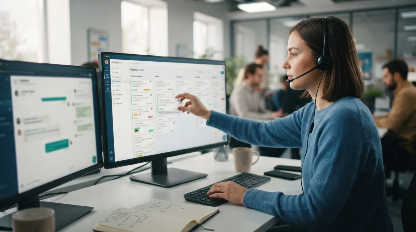 Support agent sorting ecommerce tickets on a busy helpdesk board