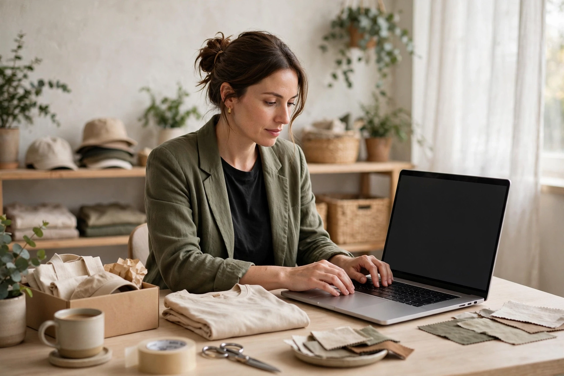 Merchant editing product variants on a studio laptop