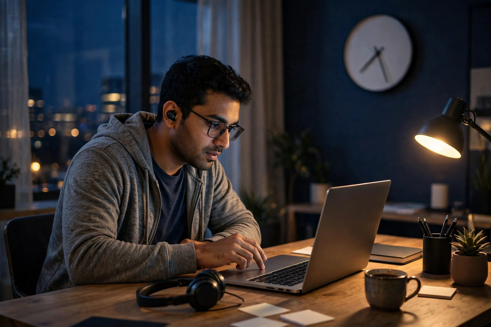 Support agent handling chat handoff beside evening clock