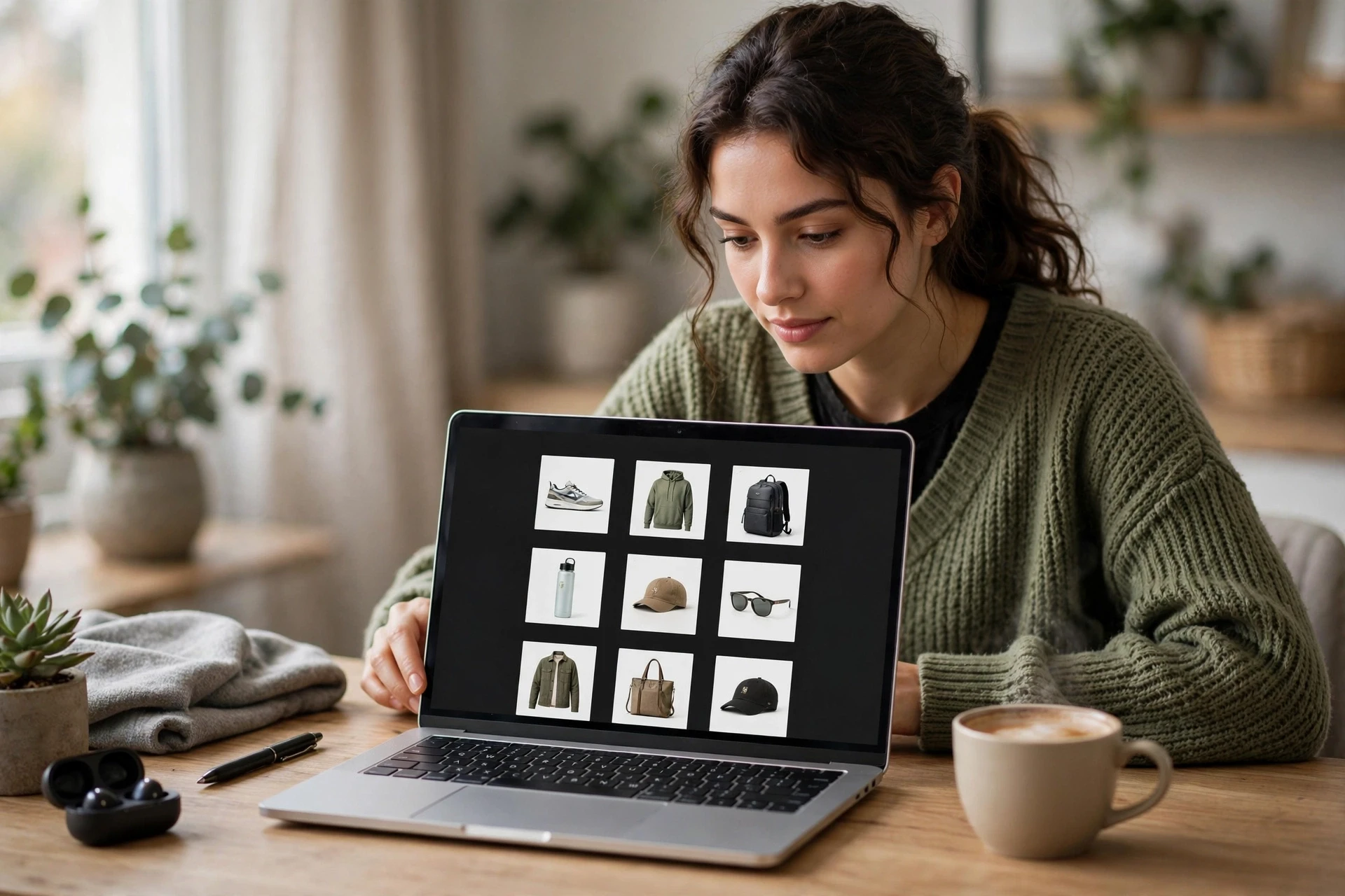 Merchant audits product catalog on laptop