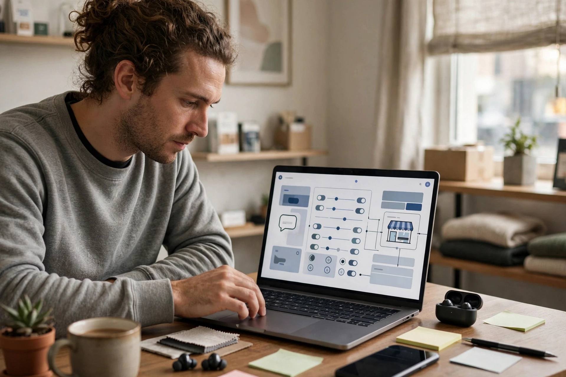 Merchant adjusting Shopify controls in a small studio