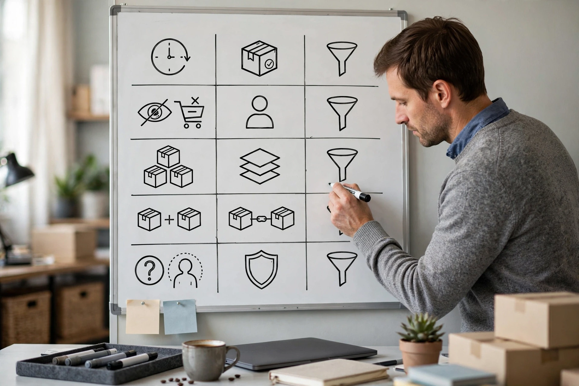 Ecommerce merchant sketches recommendation rules on office whiteboard