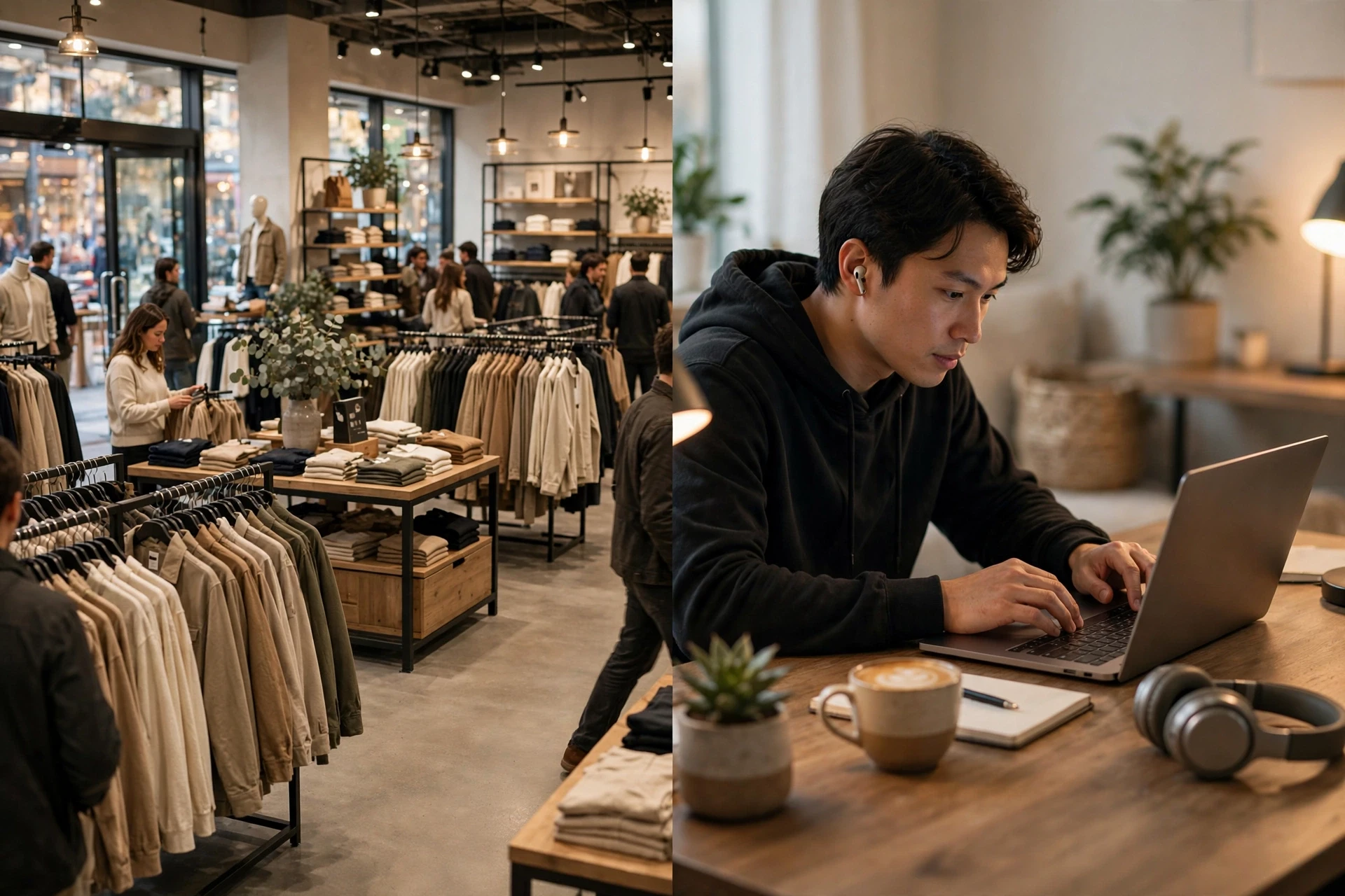Split scene comparing Shopify funnel and chat path