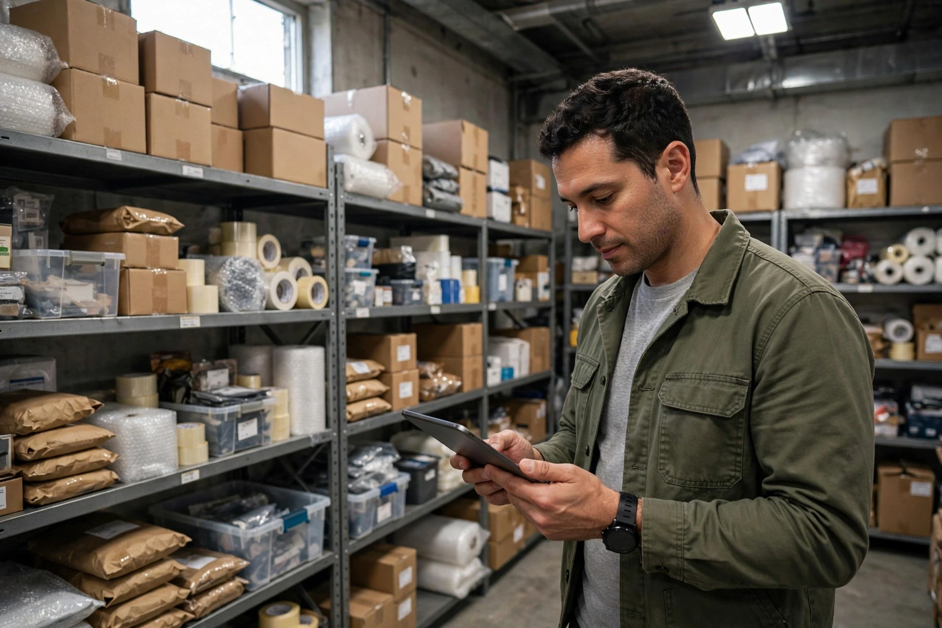 Shop owner reviews store performance beside product shelves