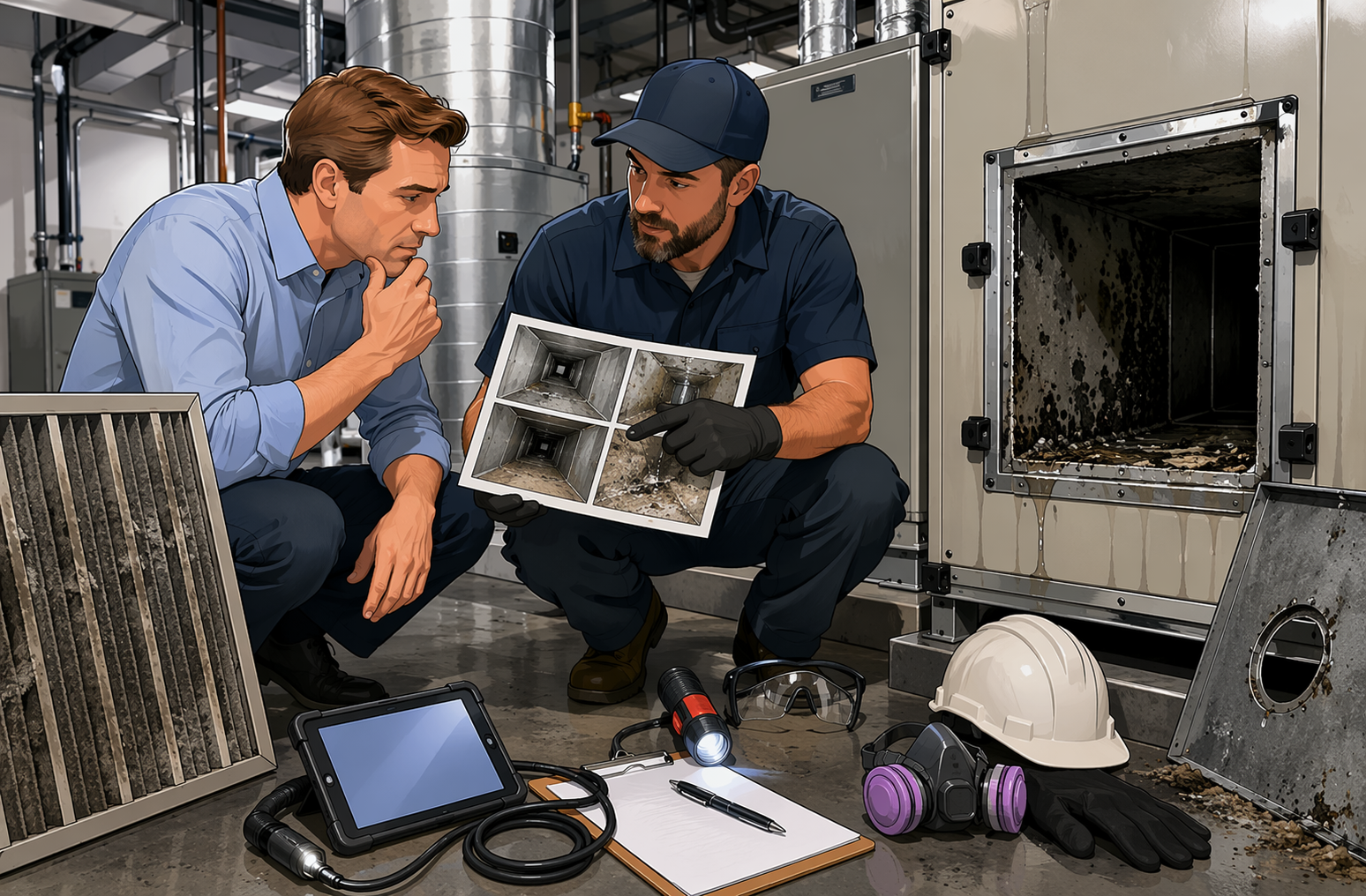 Property manager reviewing duct inspection photos with HVAC contractor