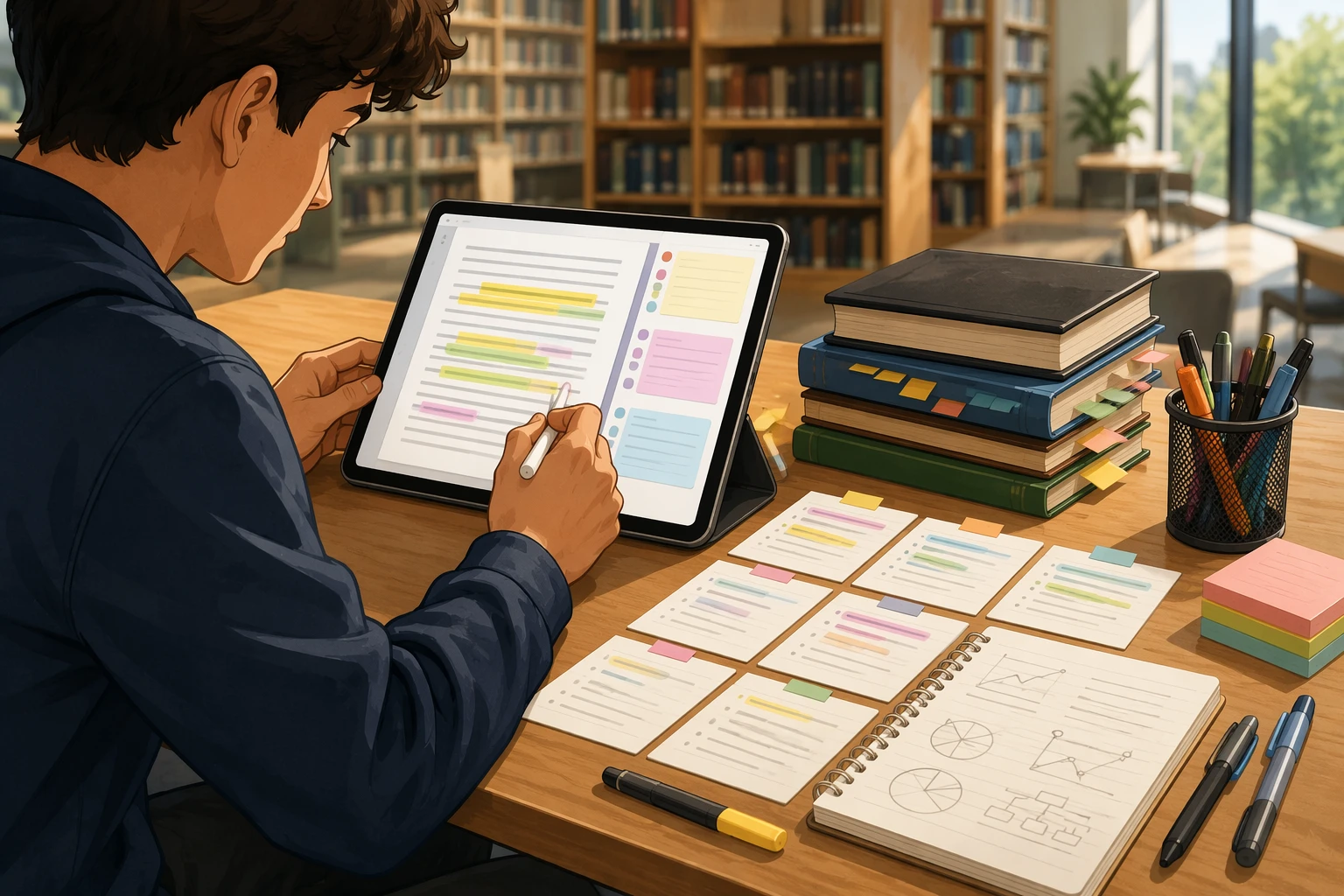 Student reviewing ebook and handwritten notes in library