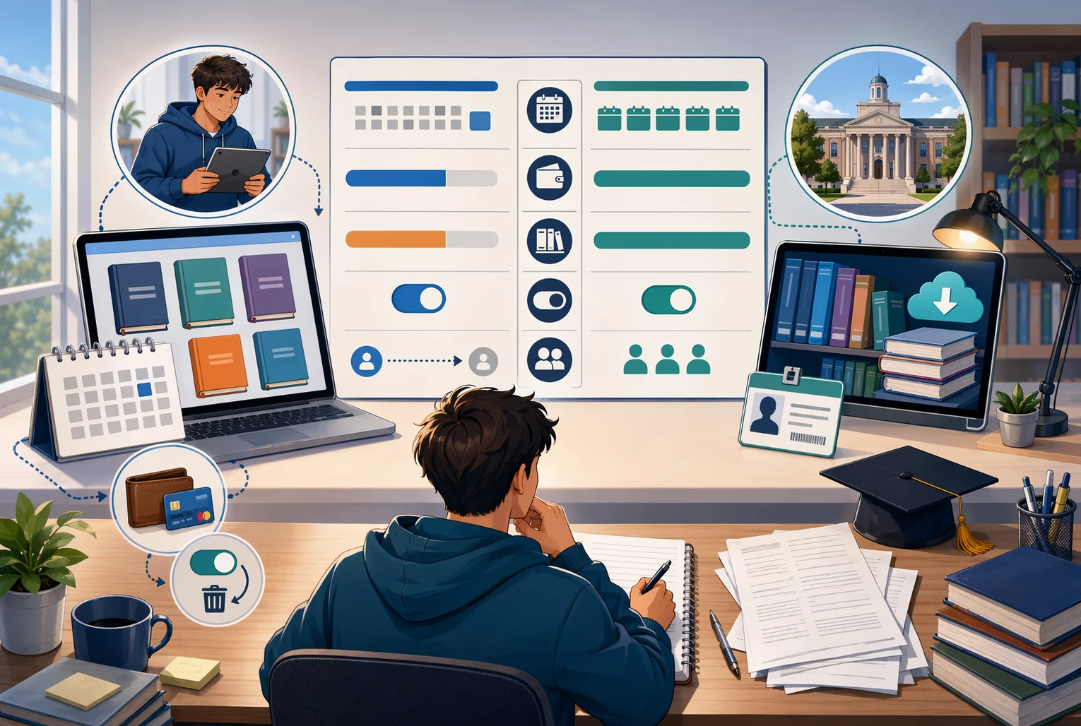 Cartoon of a student comparing billing dashboards with flexible cancellation options