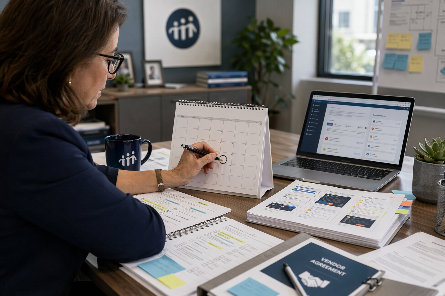 Nonprofit director marking June 22 on desk calendar