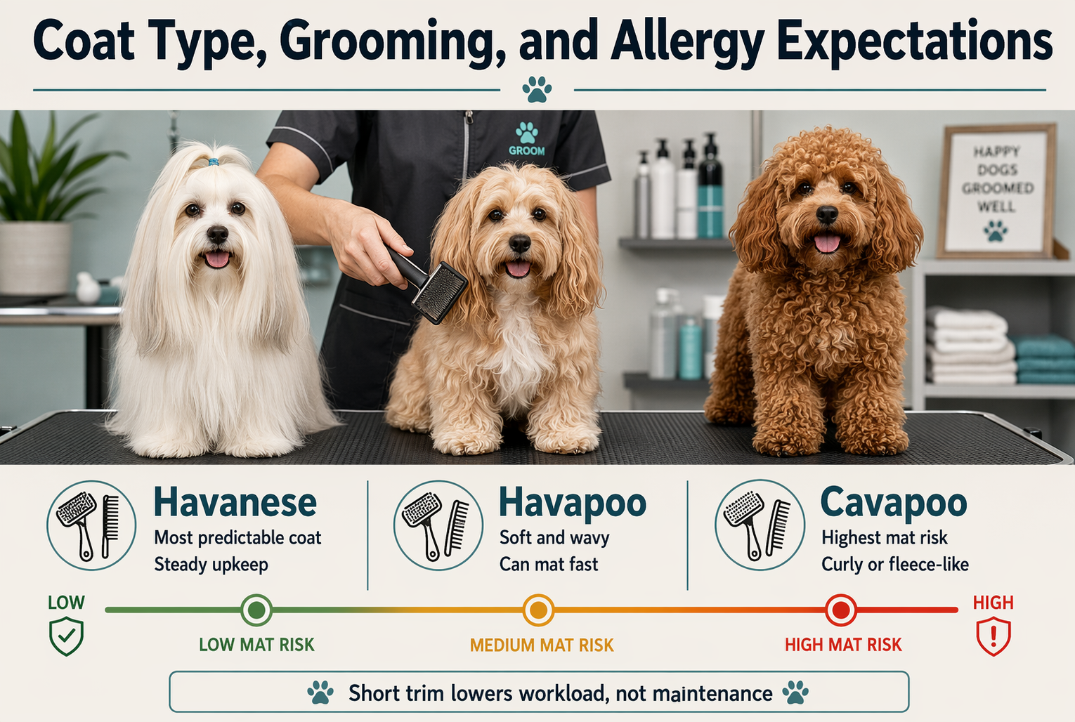Side-by-side illustration of coat care for Cavapoo, Havapoo and Havanese dogs