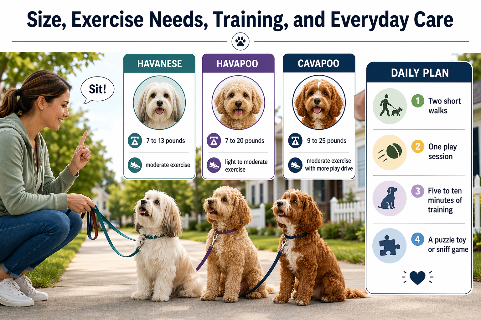 Illustration of three small companion dogs practicing walking and training