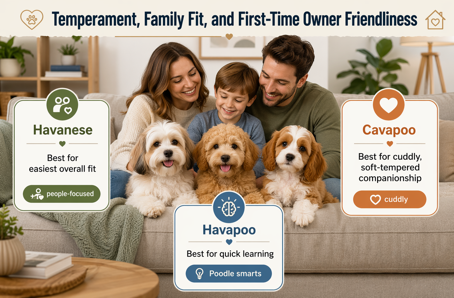 Illustration comparing Cavapoo, Havapoo and Havanese dogs in a family setting