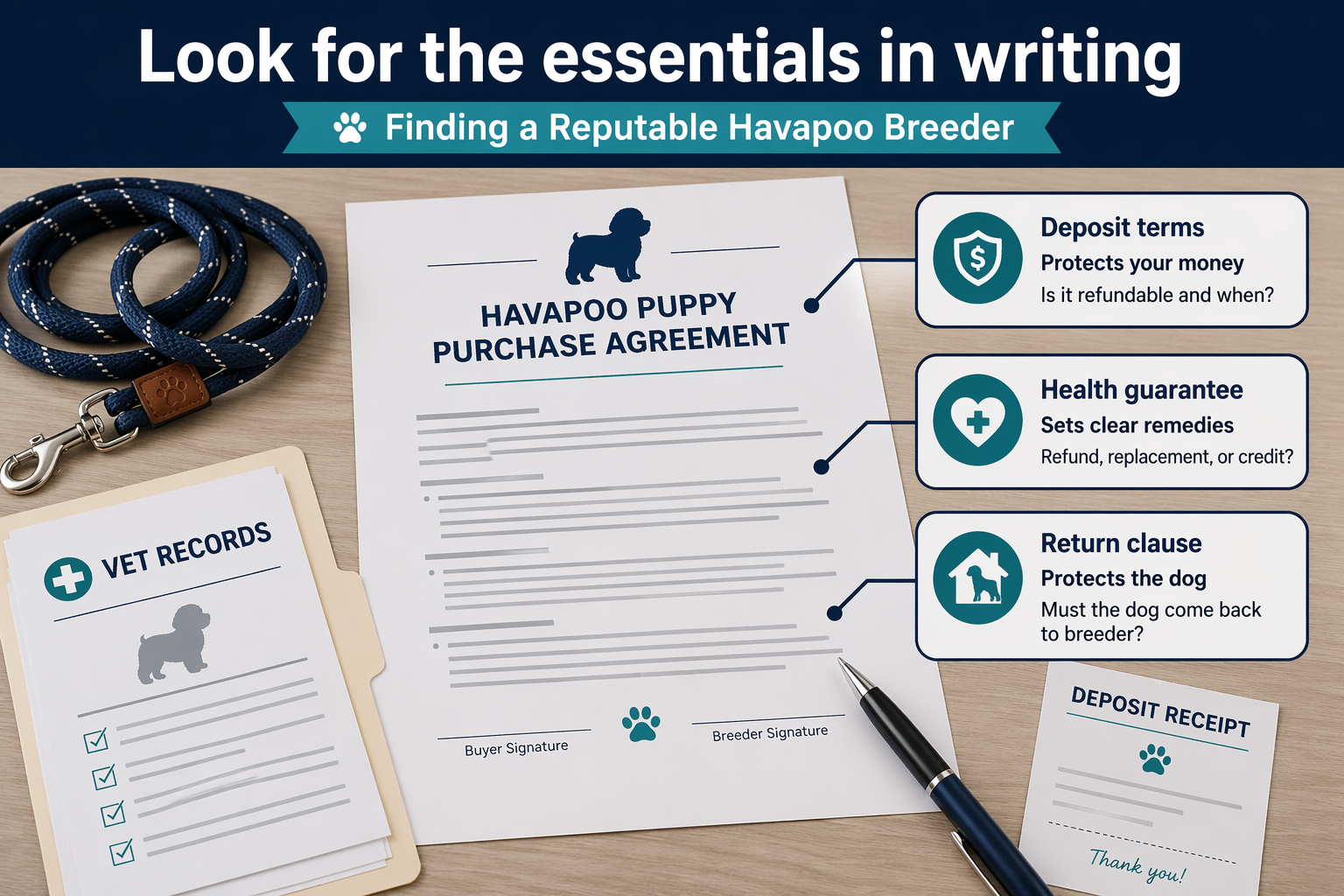 Modern infographic showing key contract terms for puppy purchases