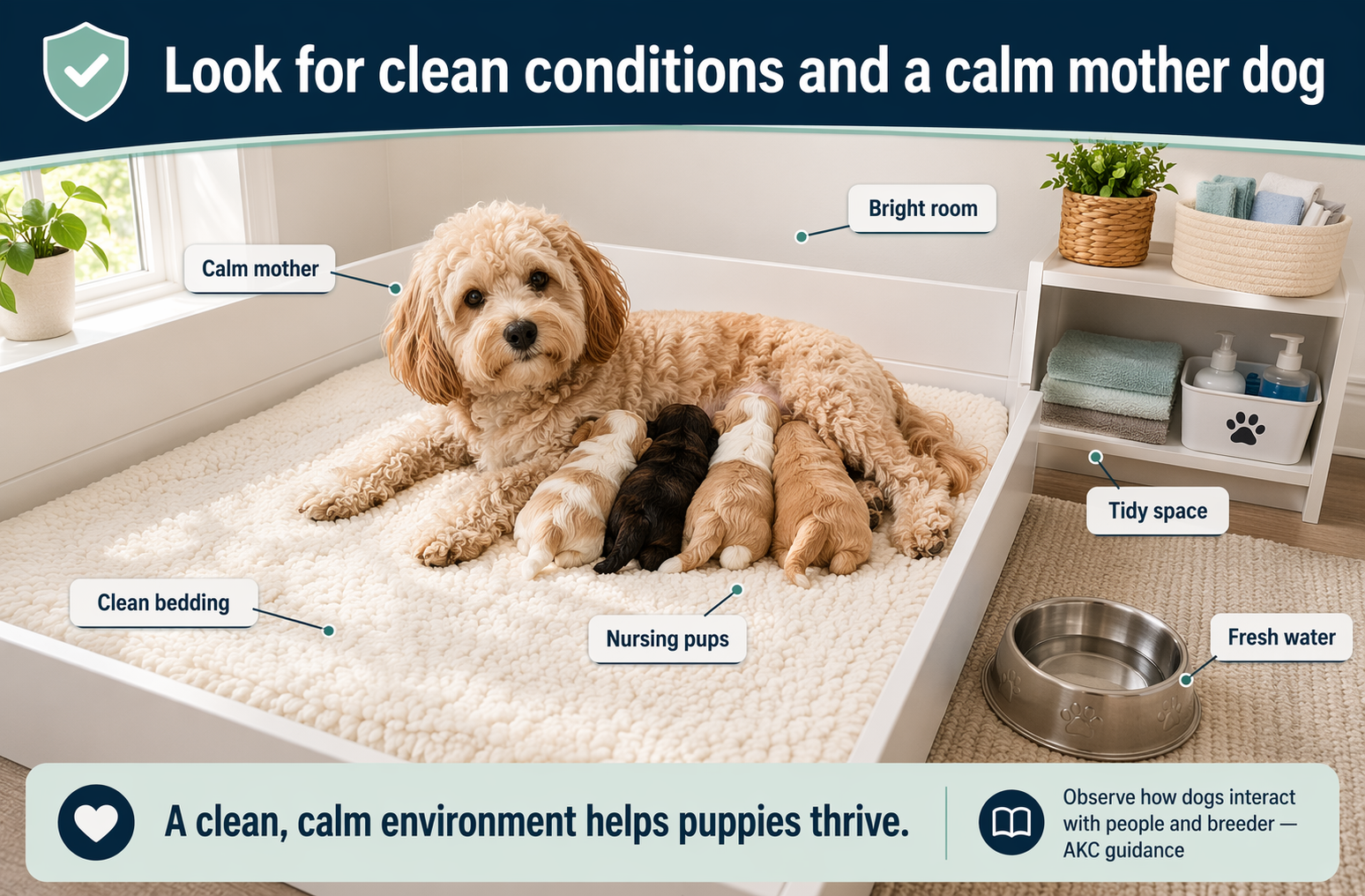 Calm mother dog nursing puppies in clean bright whelping room