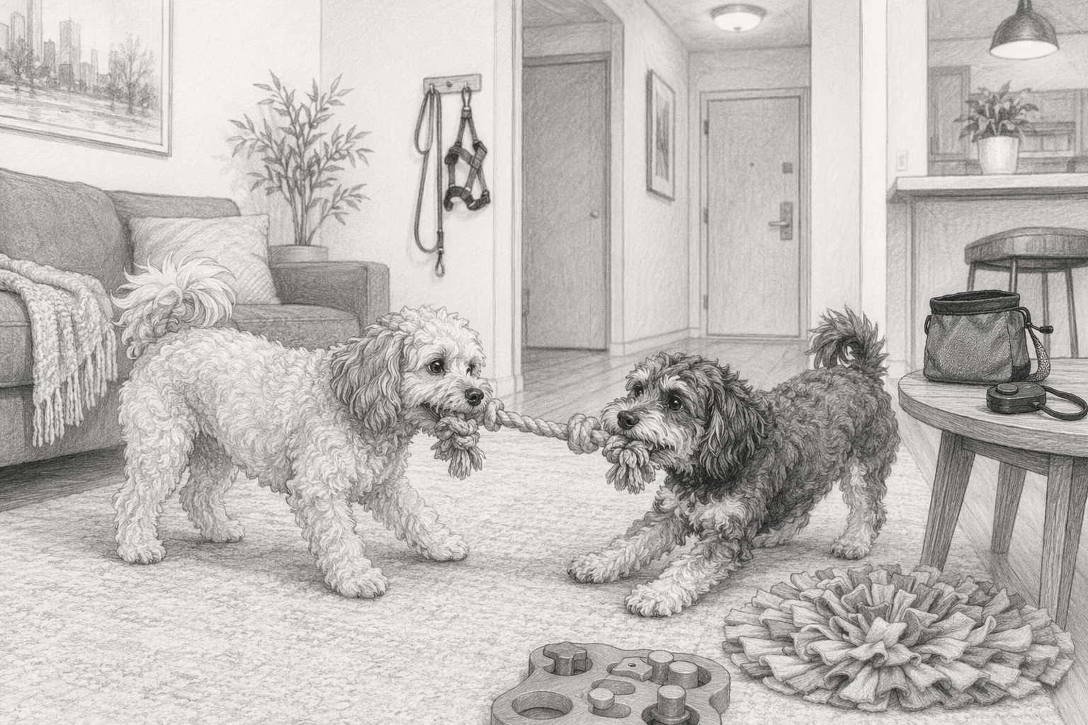 Havapoo and Cavapoo playing tug indoors