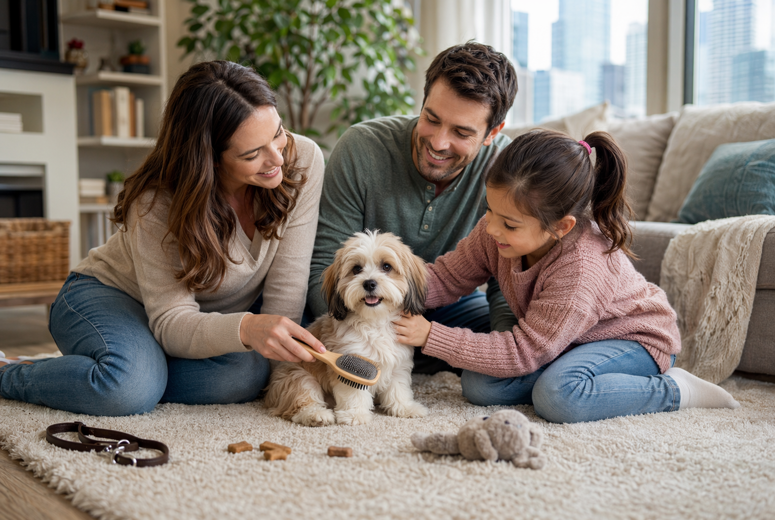 Family playing and brushing Havanese puppy indoors