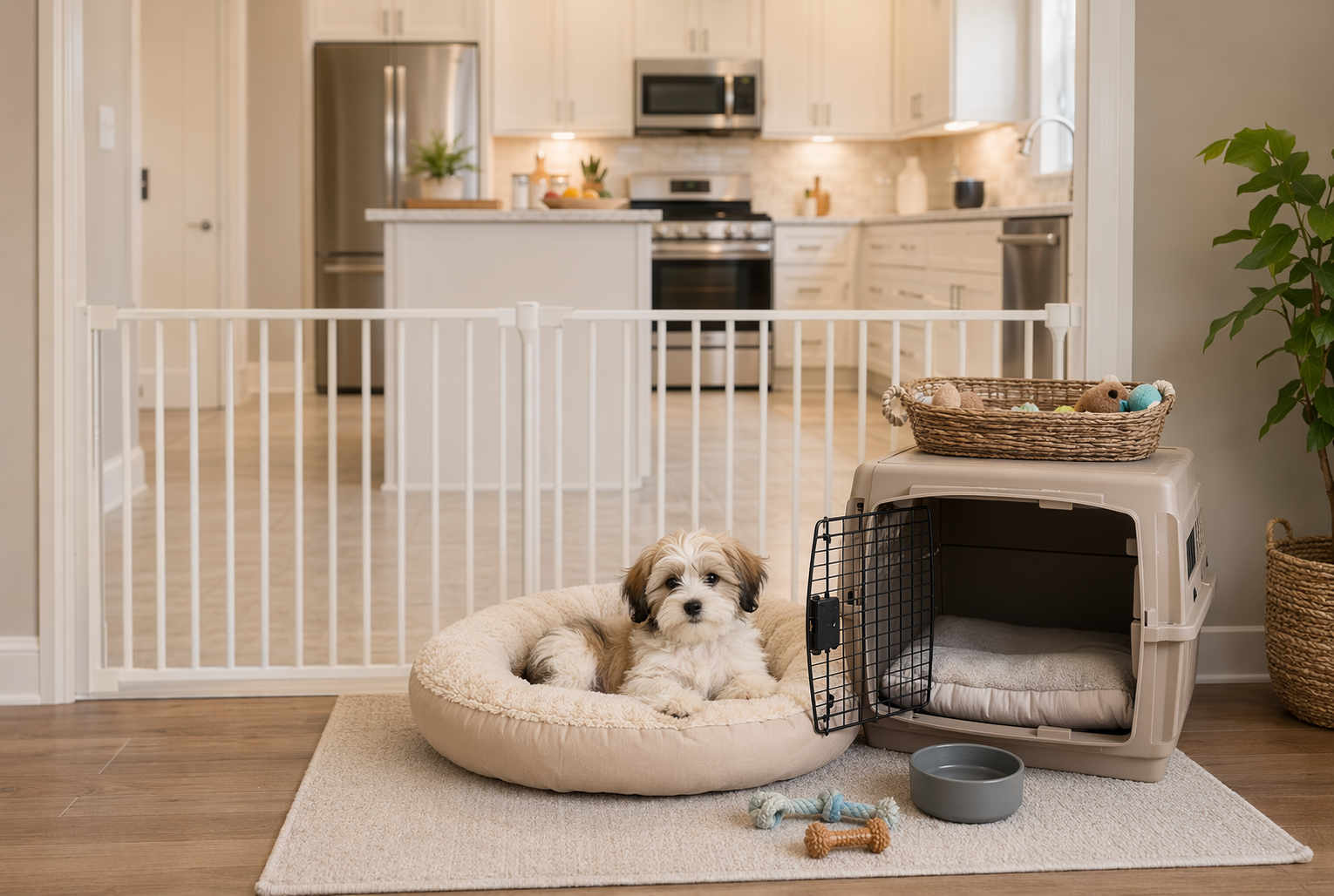 Havanese puppy resting in gated safe zone