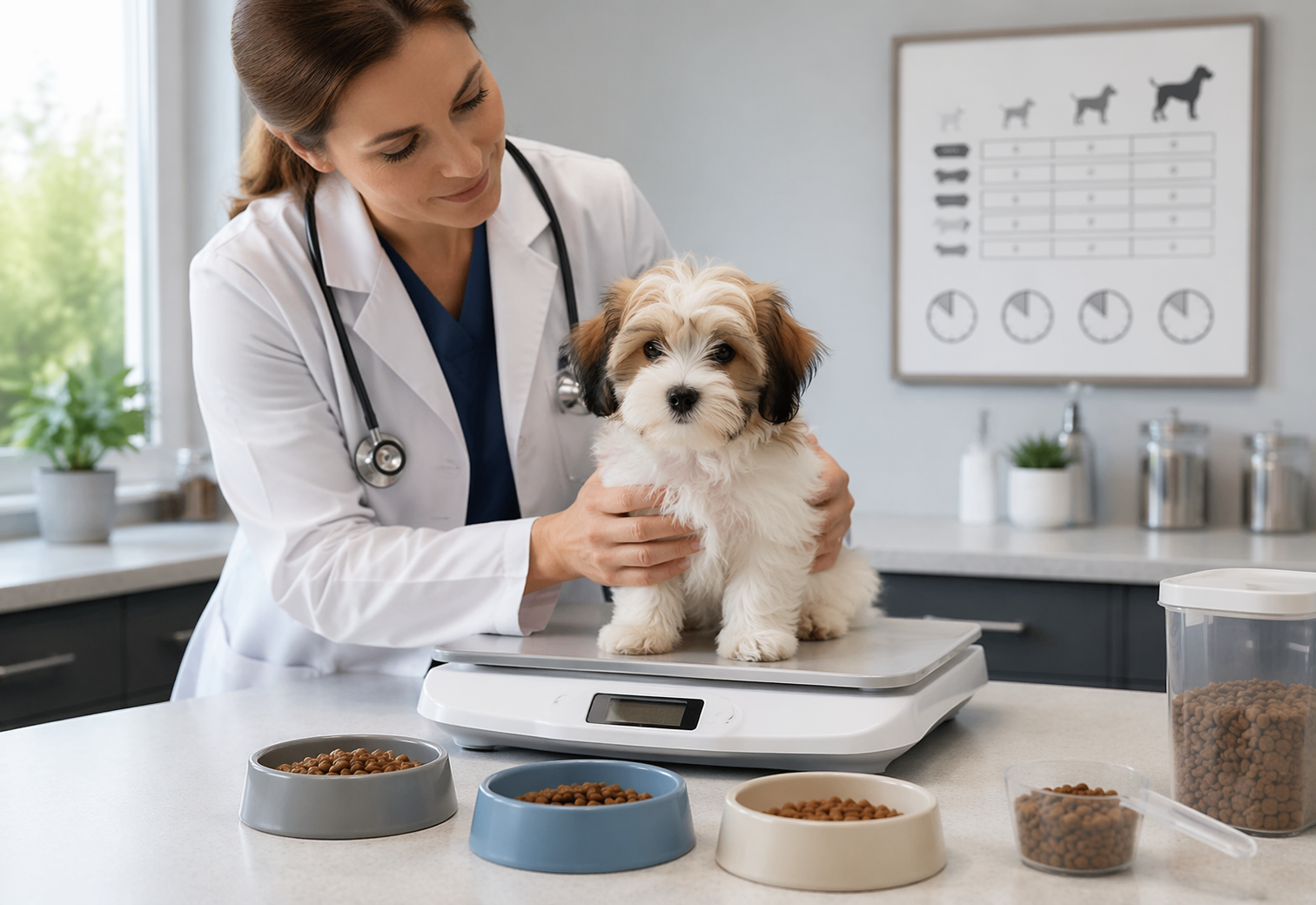 Veterinarian weighing Havanese puppy beside food bowls