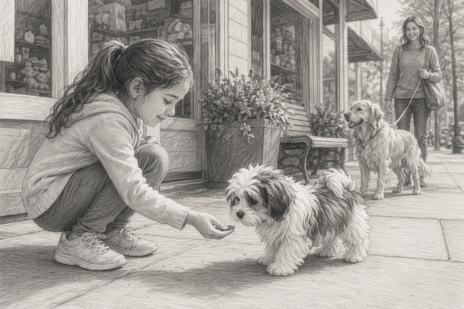 Child offering treats to a Havanese puppy outside a pet store
