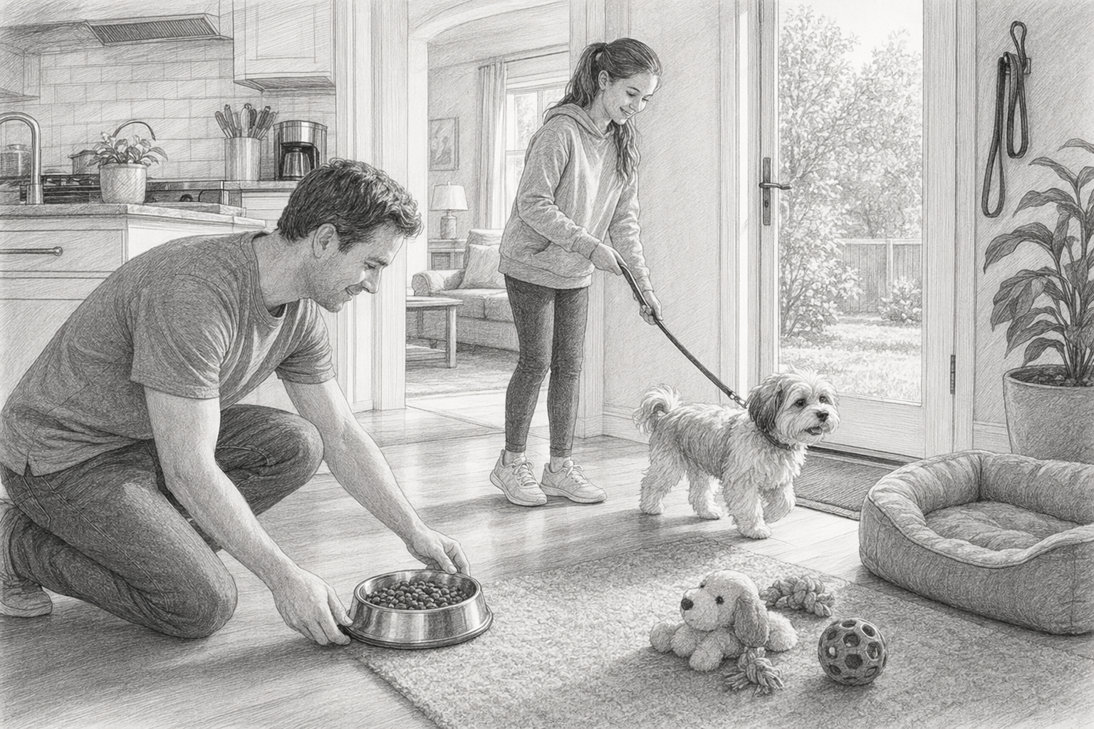 Family guiding fluffy Havanese puppy during morning routine