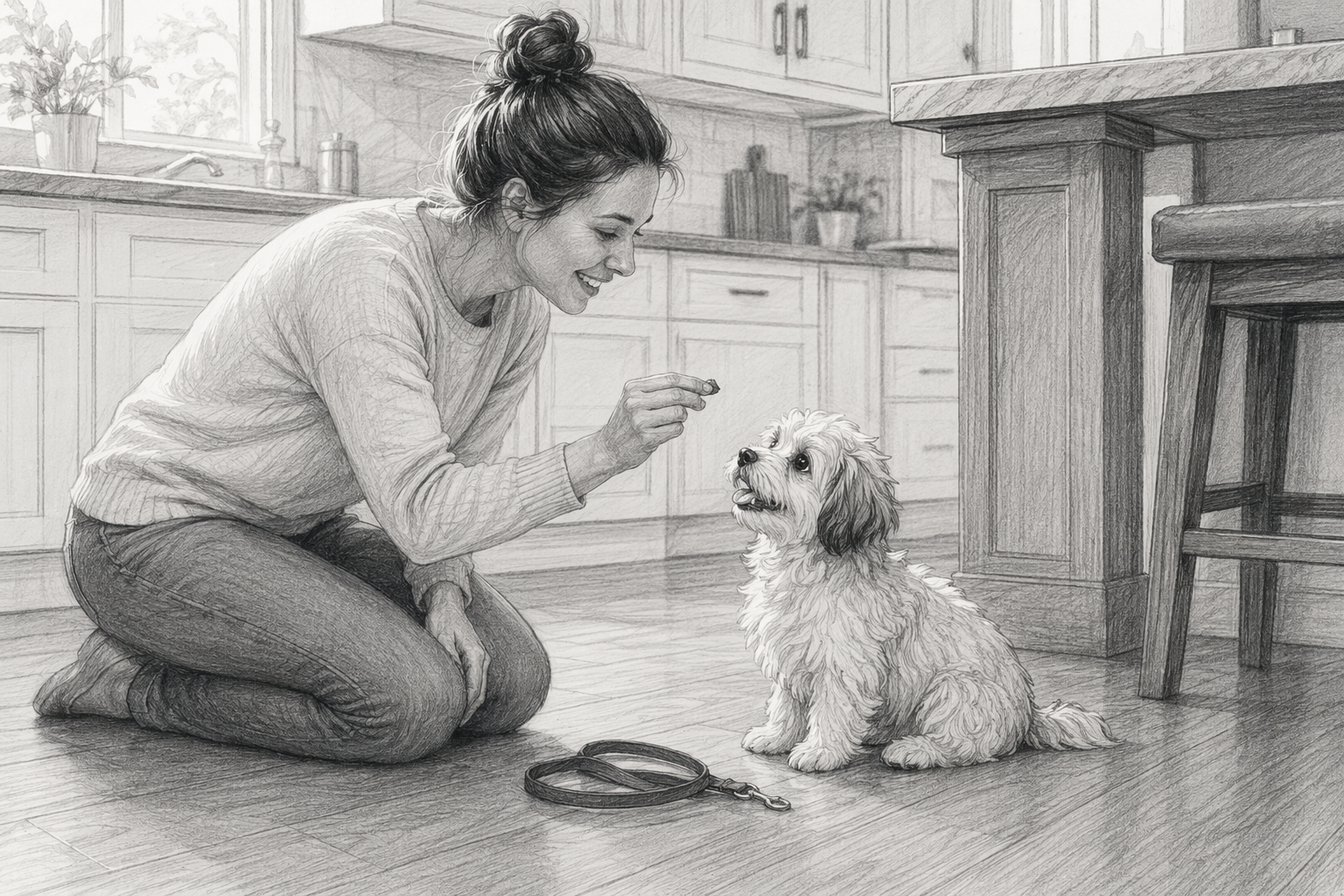Owner rewarding seated Havanese puppy in bright kitchen