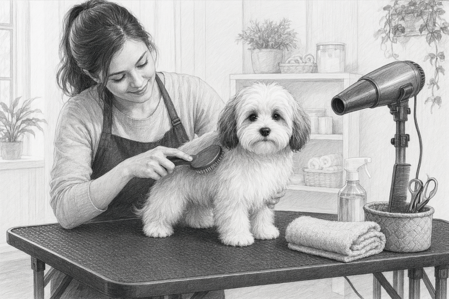 Owner gently brushing Havanese puppy on grooming table