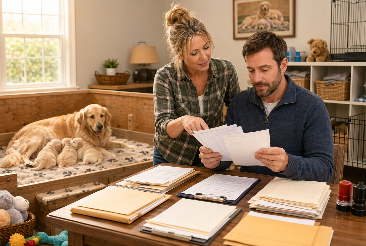Buyer reviews puppy health records with breeder indoors