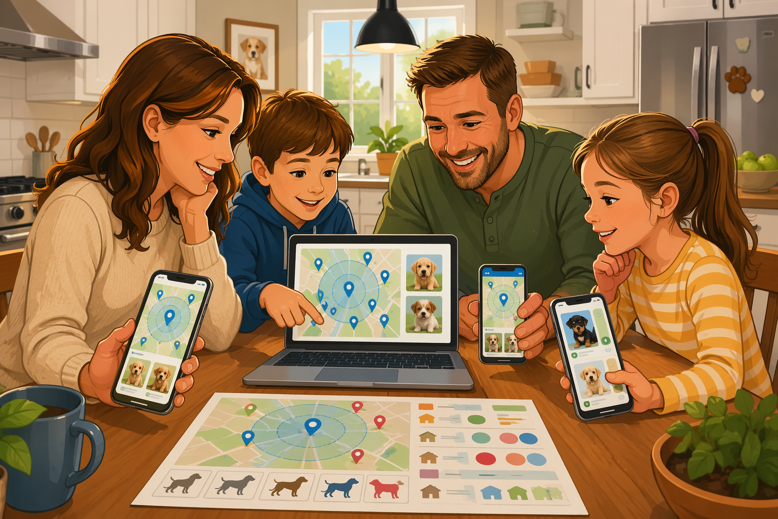 Family browsing puppy listings on phones at kitchen table