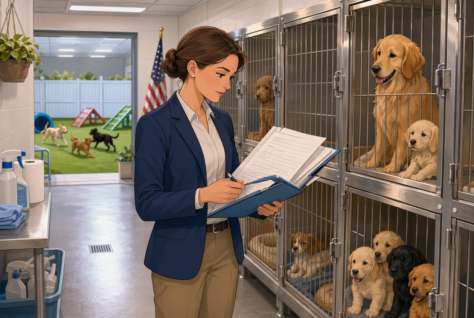 State inspector reviewing kennel paperwork at licensed breeding facility