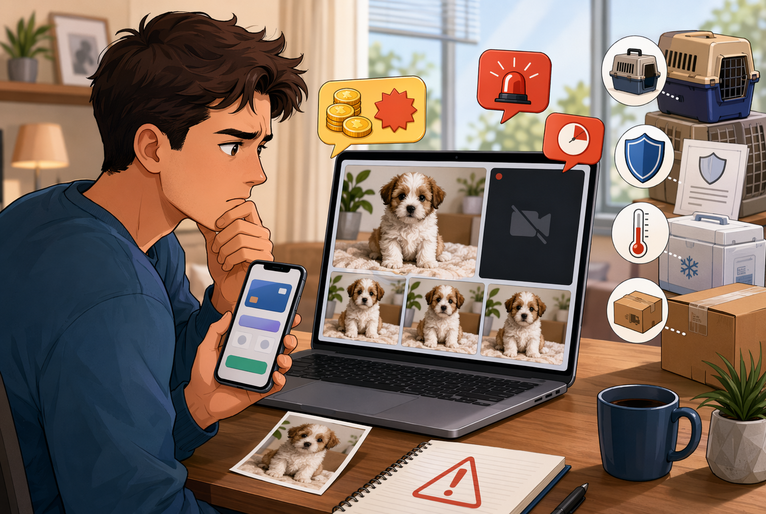 Buyer comparing duplicate puppy photos on laptop with payment app nearby