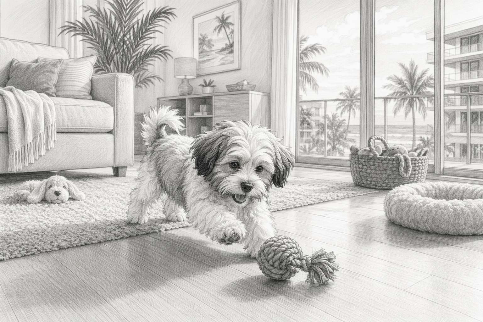Havanese puppy playing in bright Florida condo