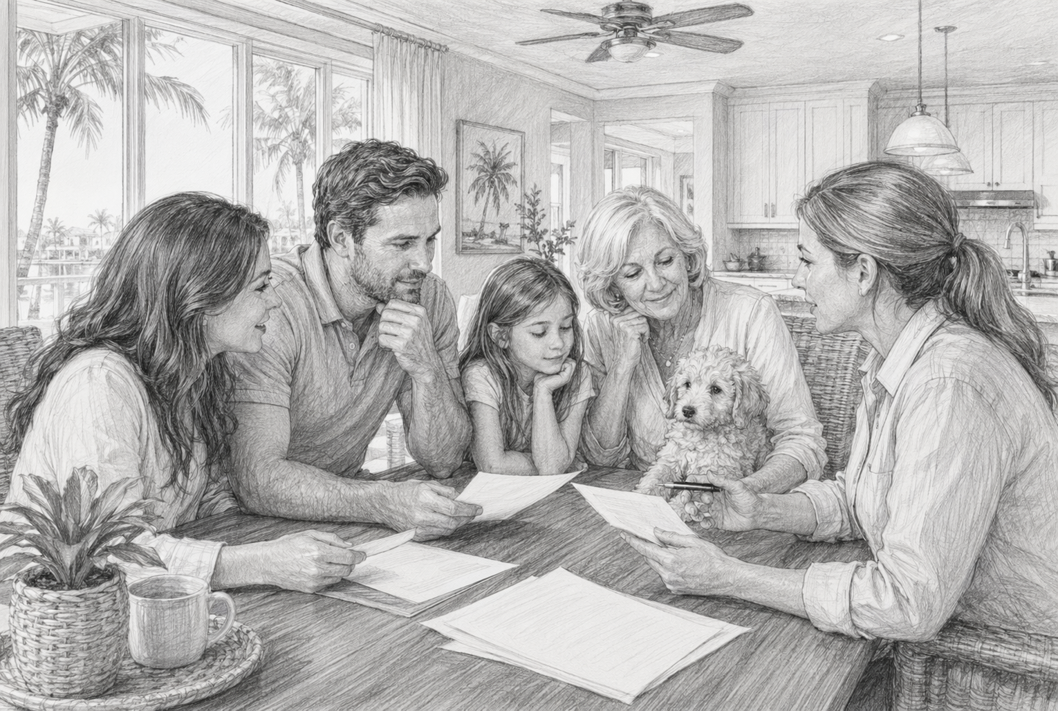Family reviewing puppy application papers at kitchen table