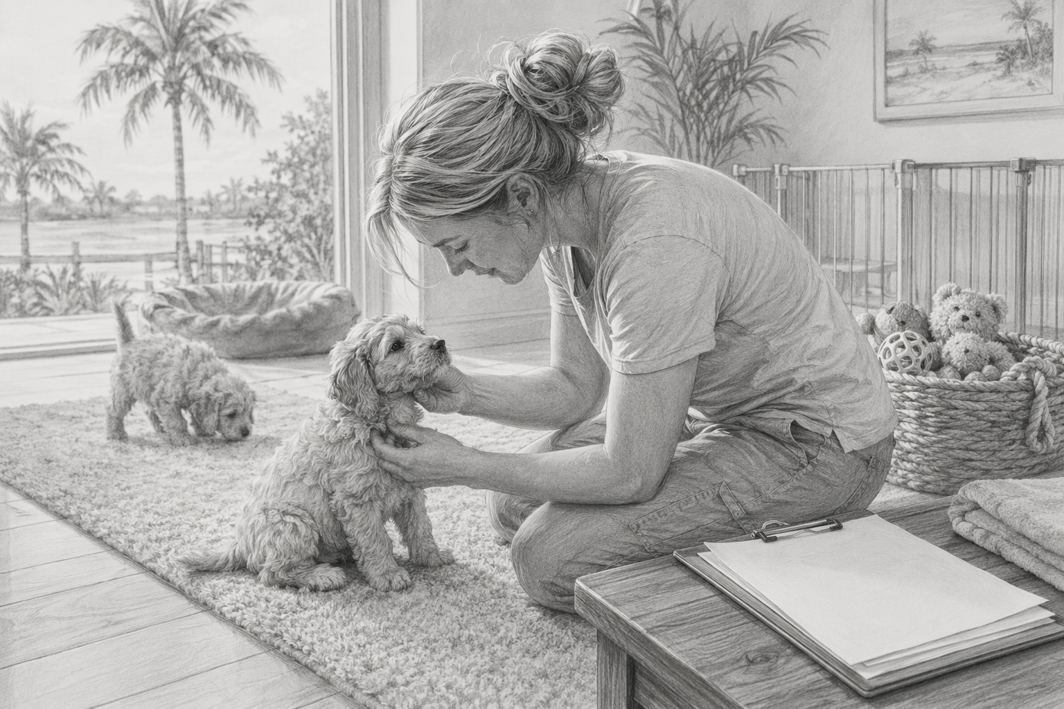 Breeder gently handling puppy with vaccination records