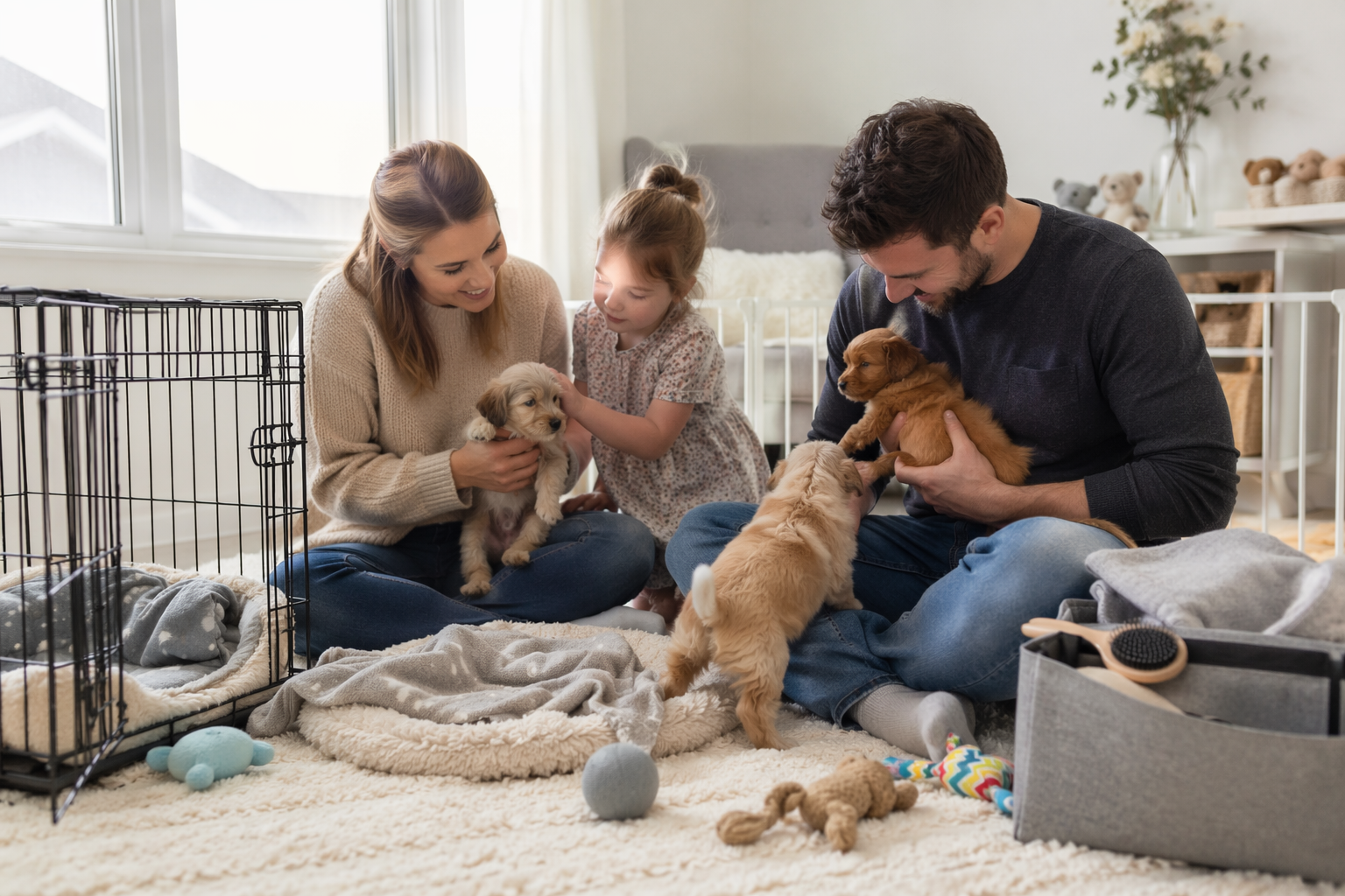 Family gently handling small puppies in bright nursery