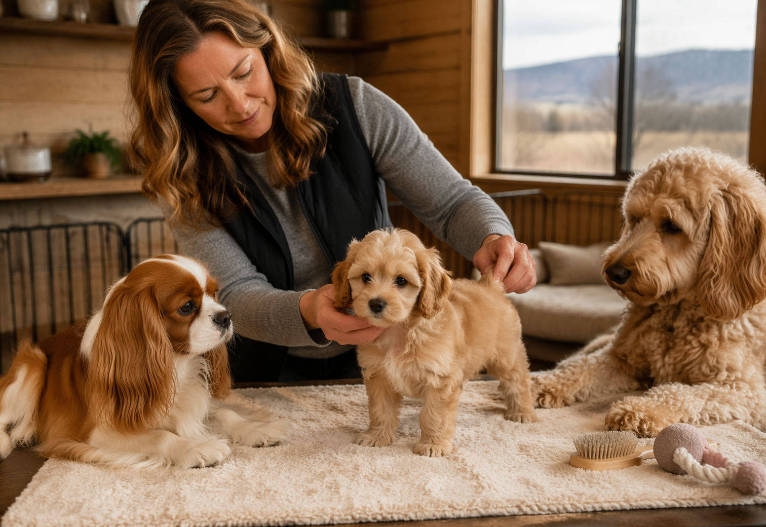 Breeder gently evaluating a Cavapoo puppy indoors