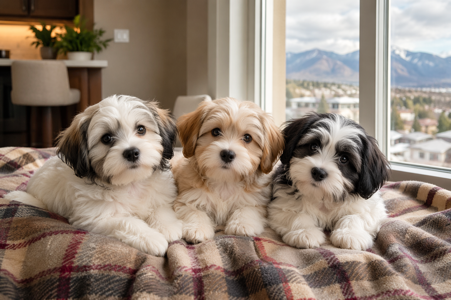 Three Havanese puppies resting on a plaid blanket by a Colorado window