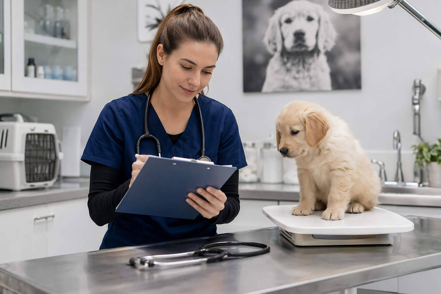 Vet technician reviewing puppy wellness chart in exam room