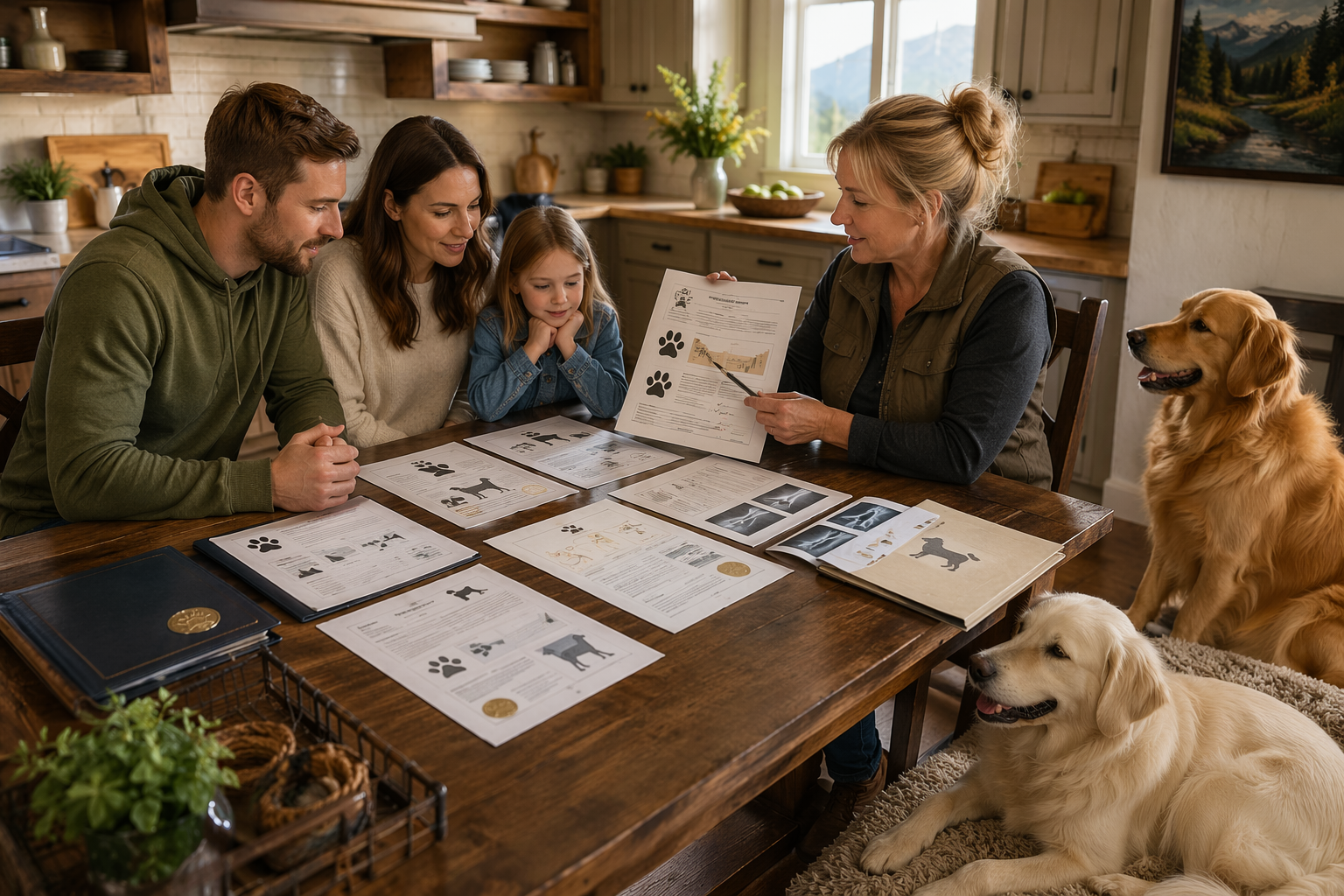 Breeder reviewing health certificates with family