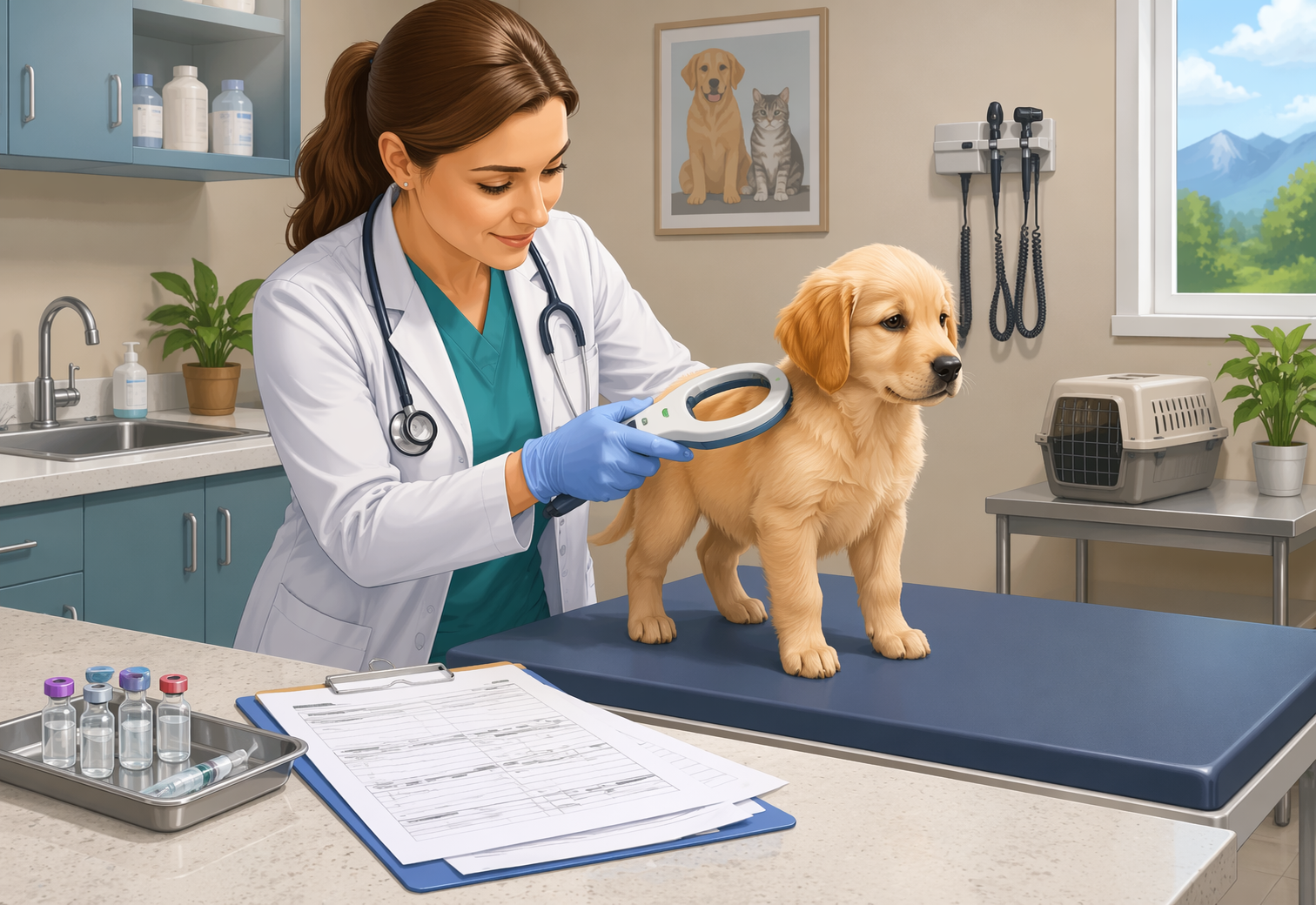Veterinarian scanning puppy microchip at exam counter