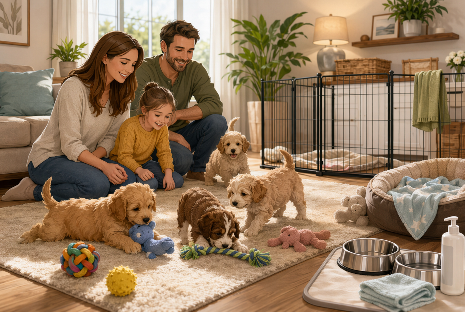 Family watching puppies play in a clean indoor living room