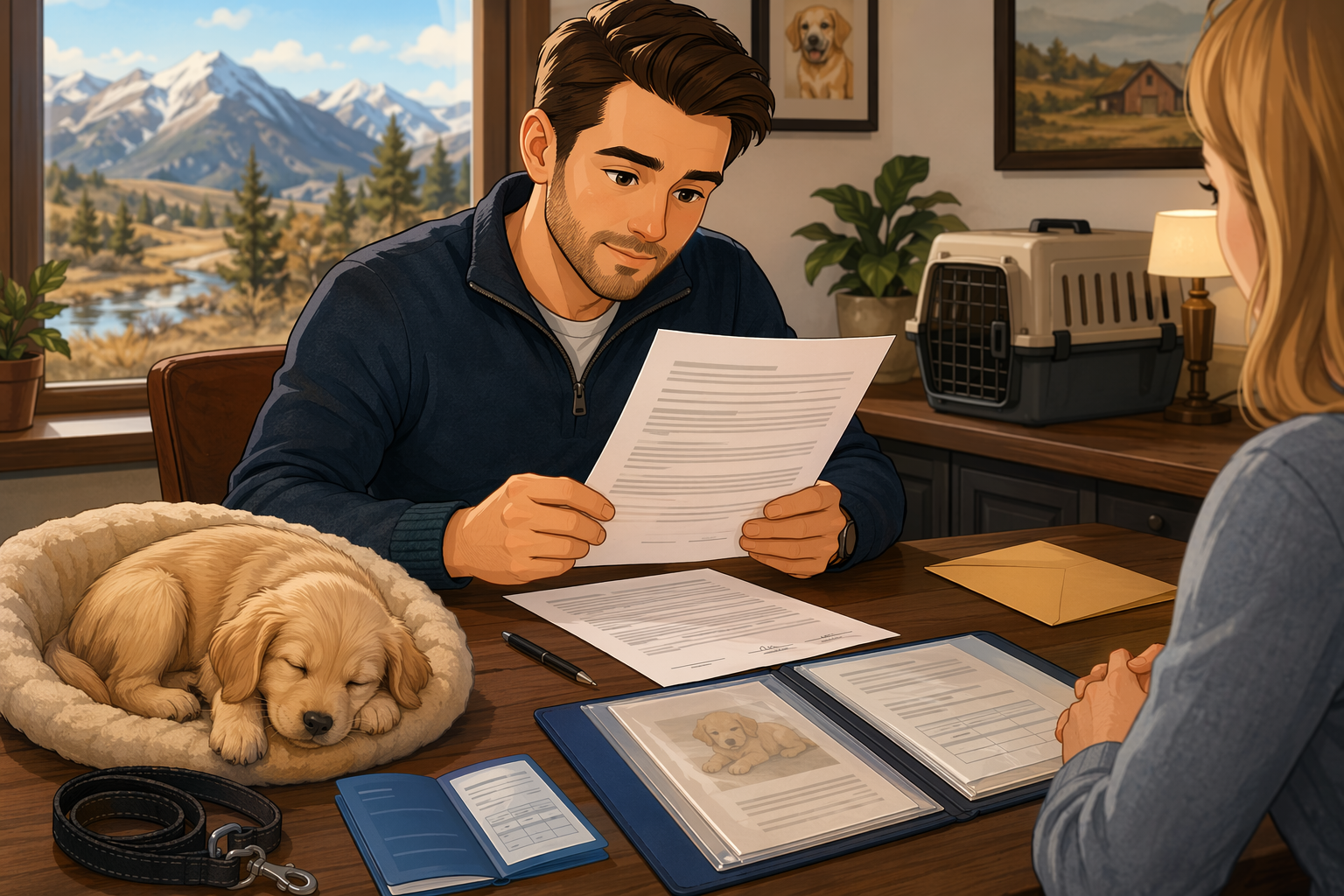 Buyer reviewing puppy contract with sleeping puppy nearby