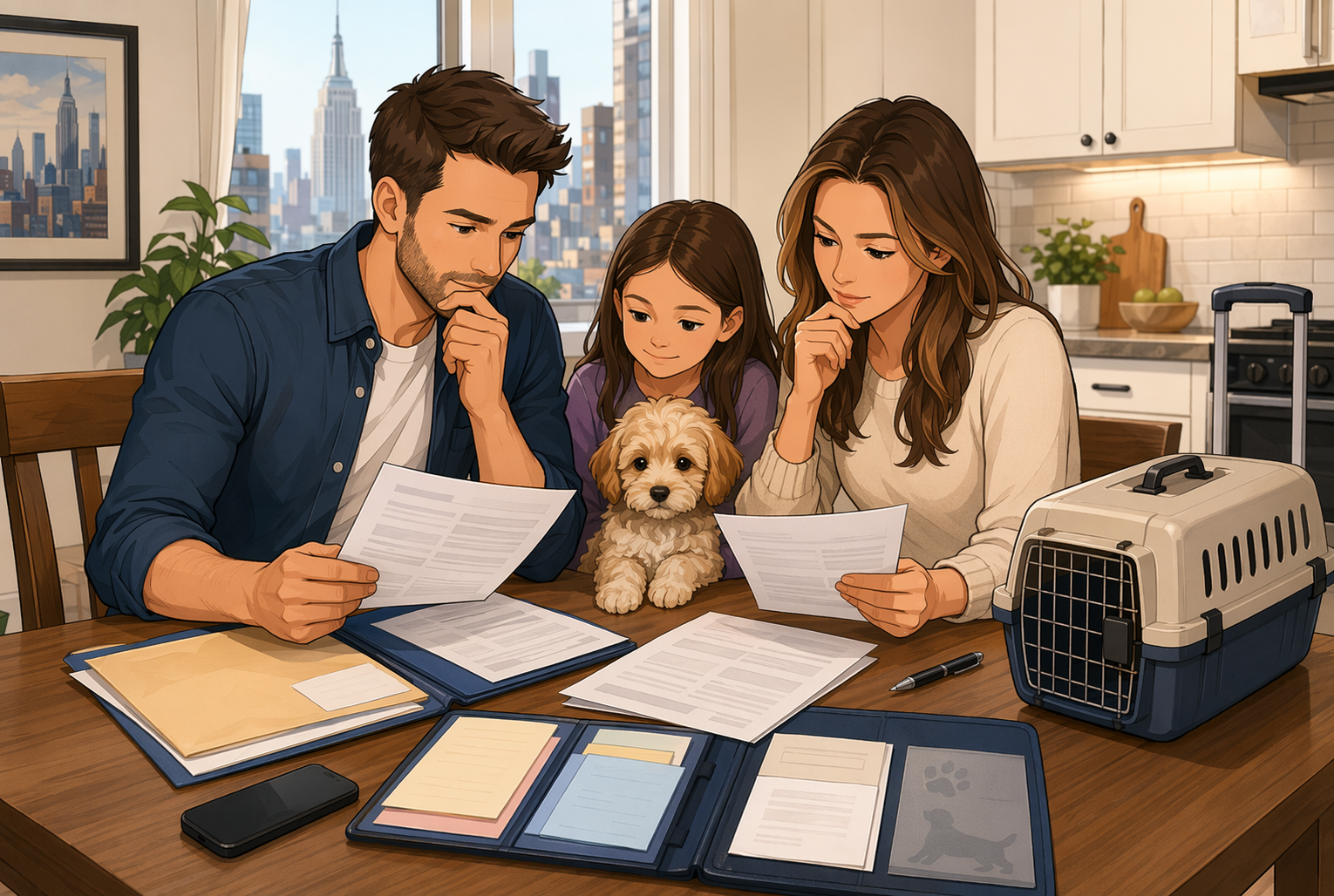 Family reviewing puppy paperwork at kitchen table