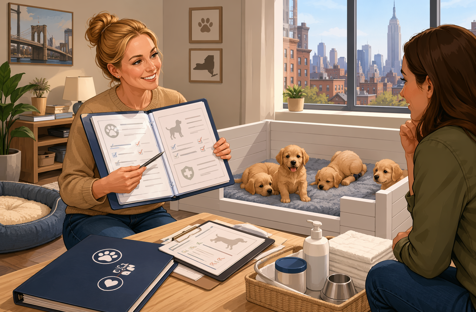Breeder showing puppy health records beside clean whelping area