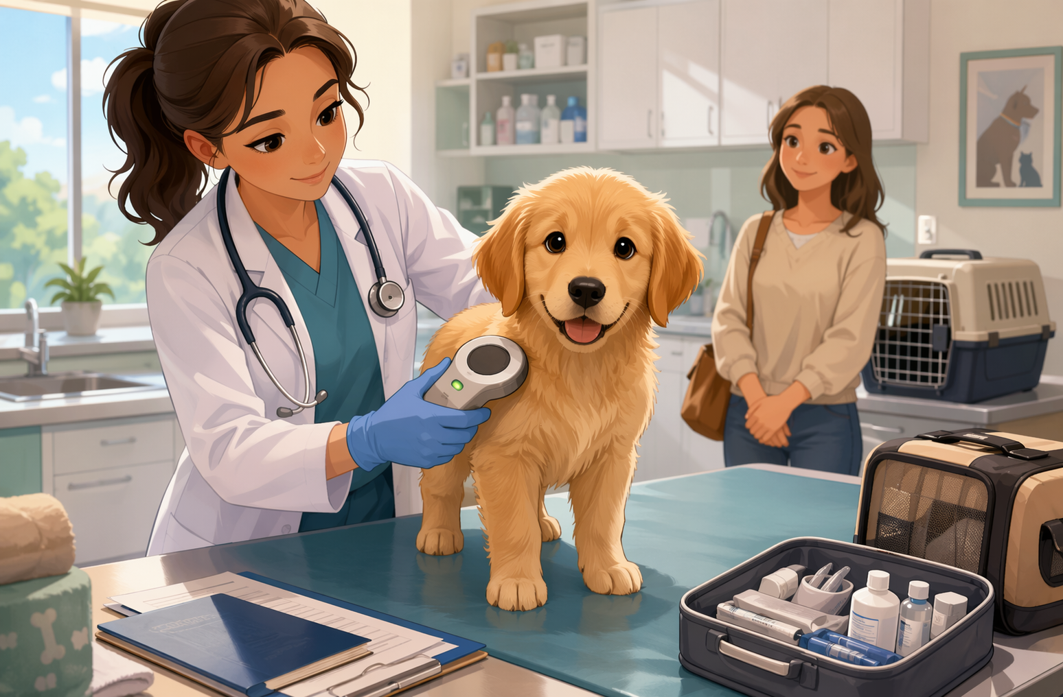 Veterinarian scanning puppy microchip in clinic