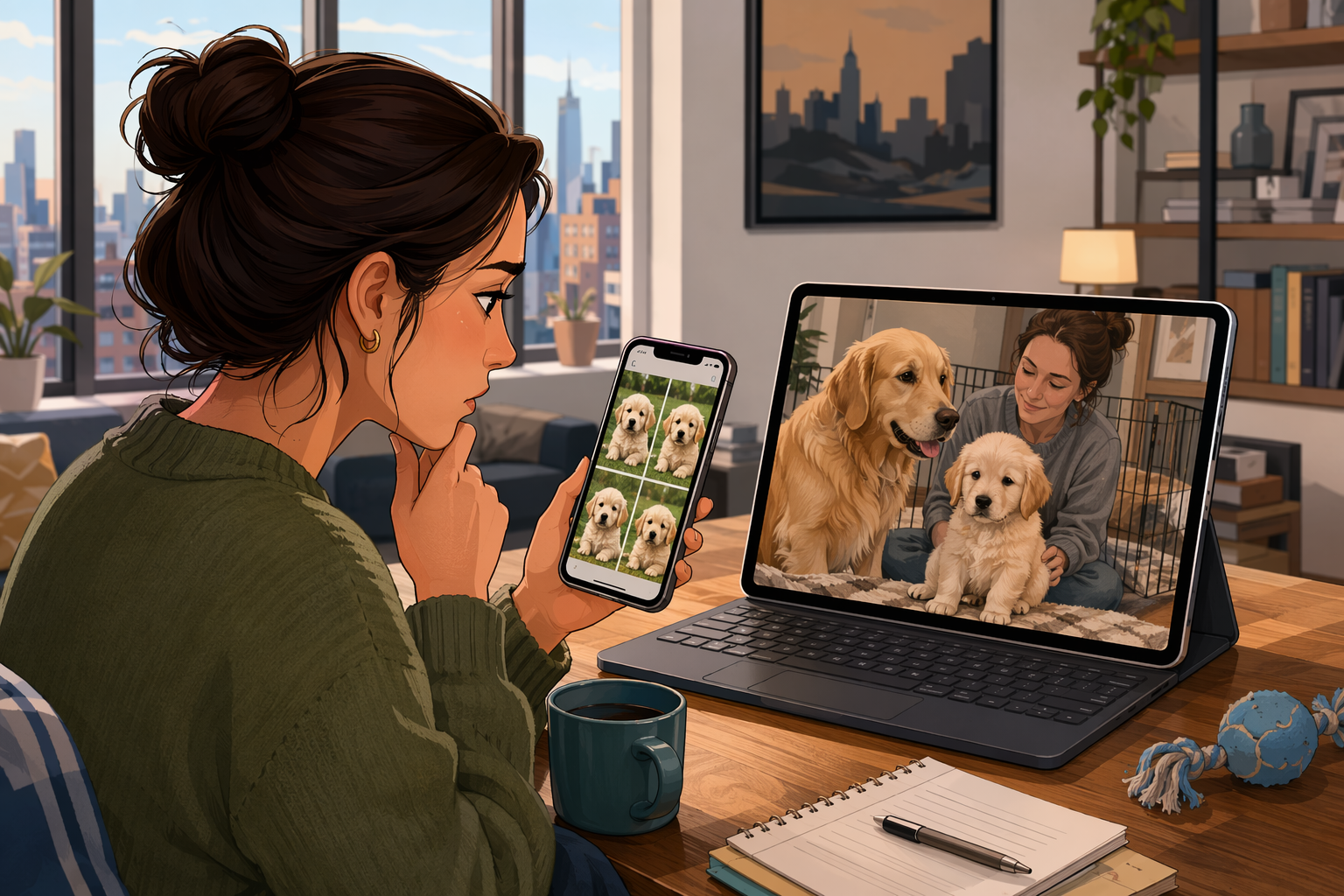 Buyer comparing puppy photos on phone during live video call
