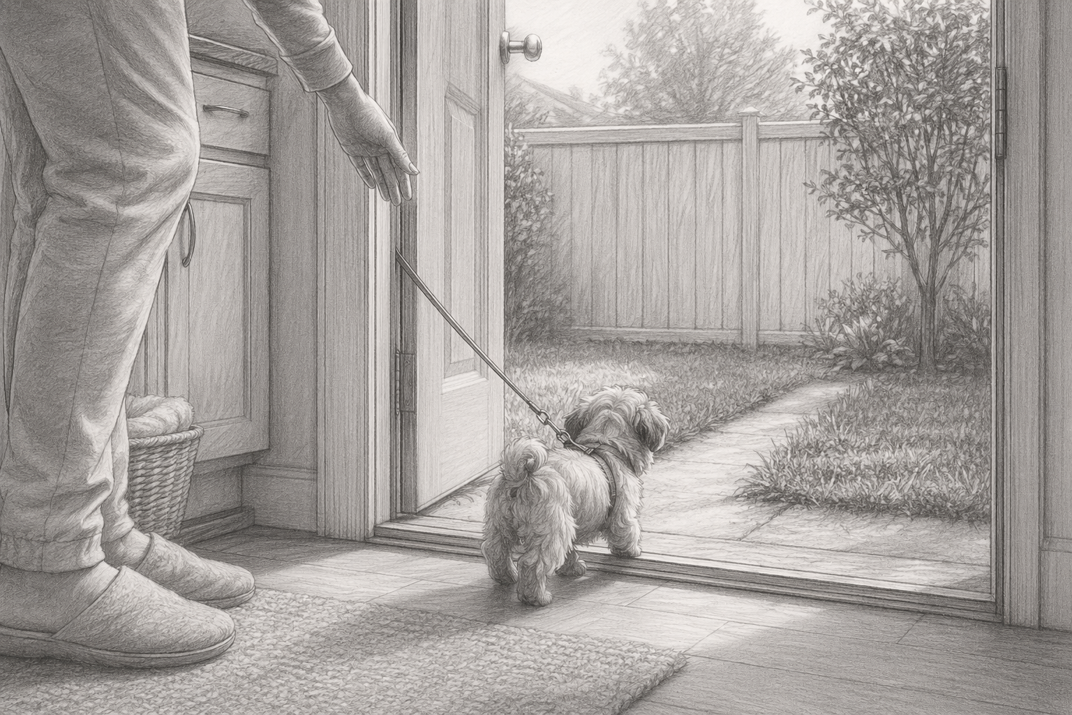 Small puppy approaching backyard door for potty break