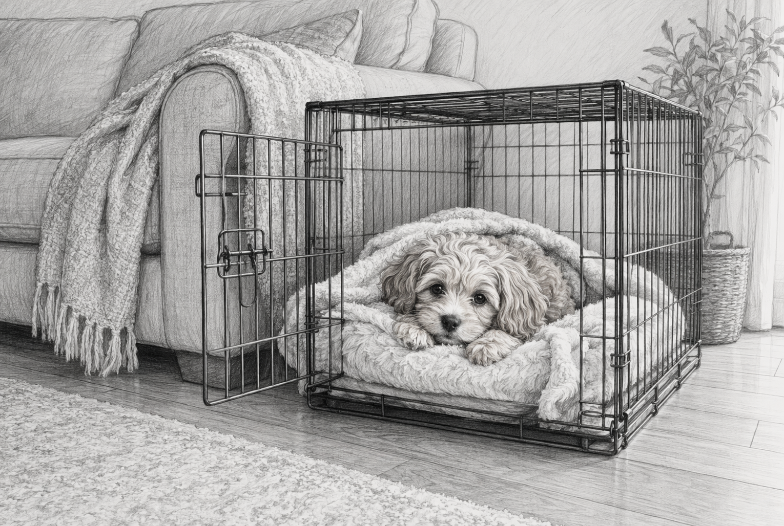 Puppy resting inside open crate with soft bedding