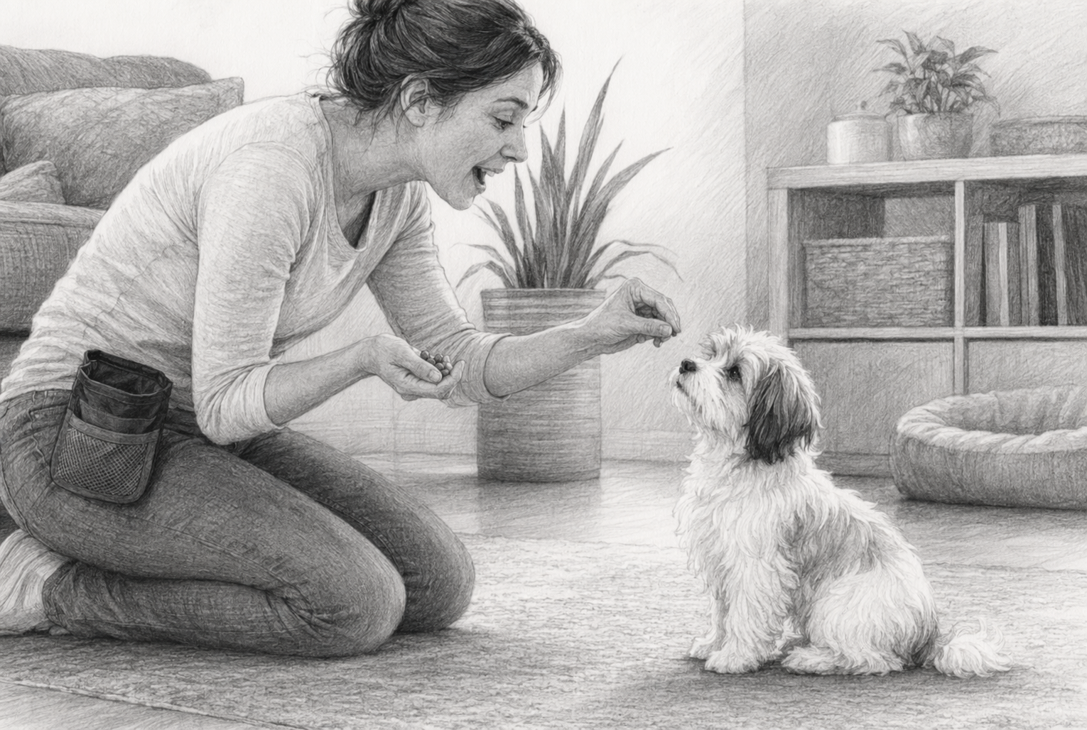 Puppy receiving treat and praise from owner